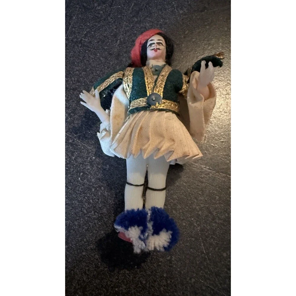 Vintage Greek Tsolia Folk Costume Doll Man Handmade Midcentury 5” tall Retro MCM